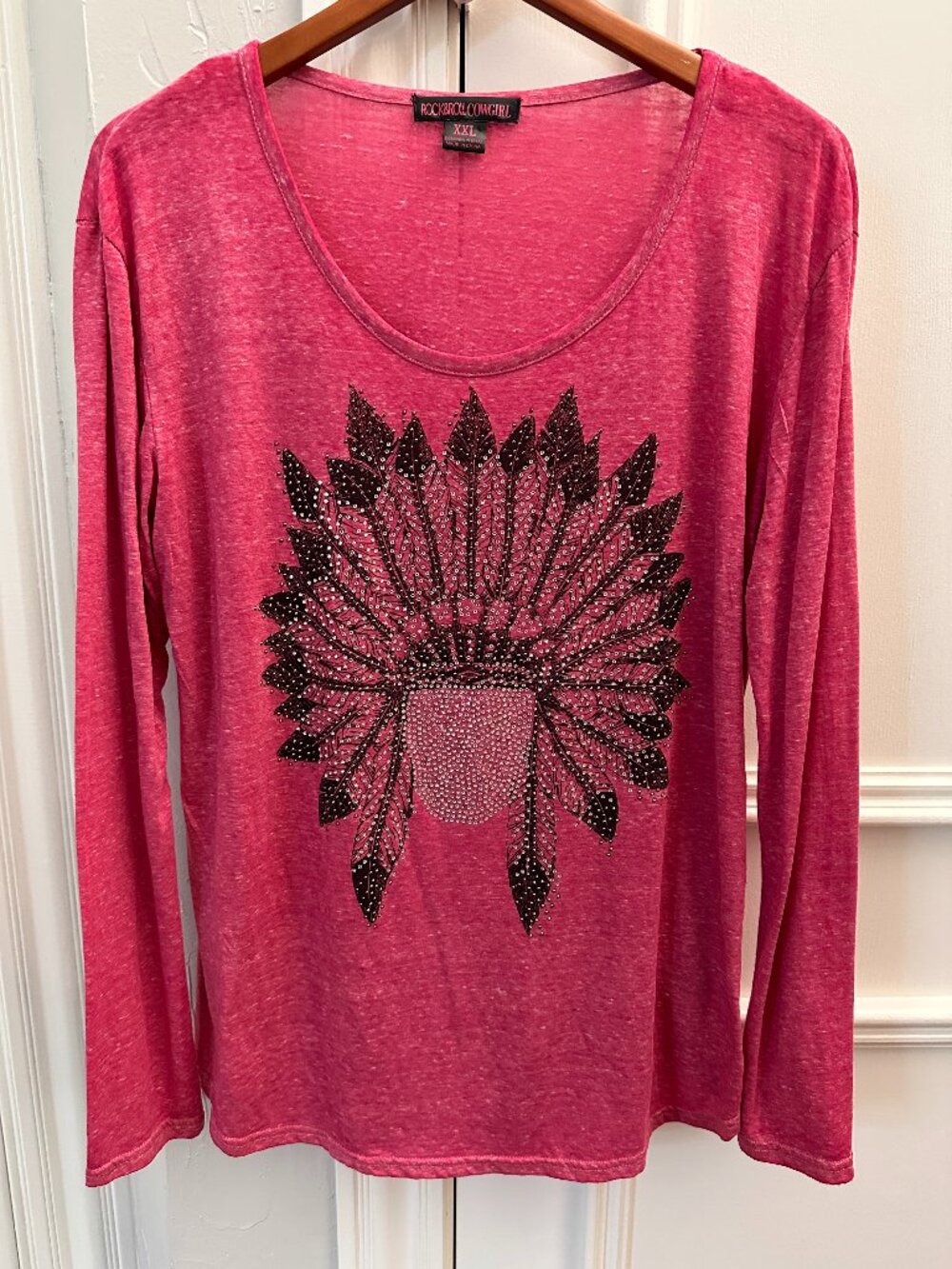 Rock & Roll Cowgirl XXL Pink Long Sleeve Bling Tee Rhinestone Western Boho Rodeo